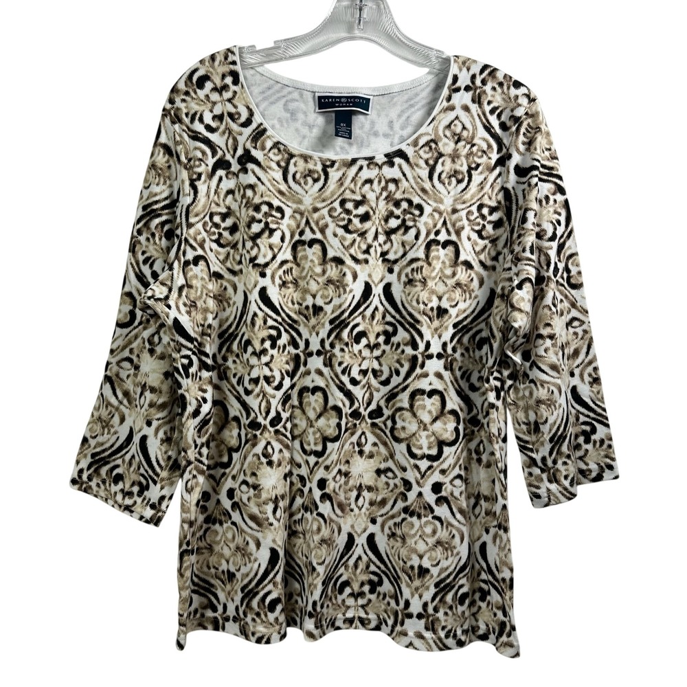 Karen Scott Woman 0X Plus Size Damask Print 3/4 Sleeve Scoop Neck Top White Tan